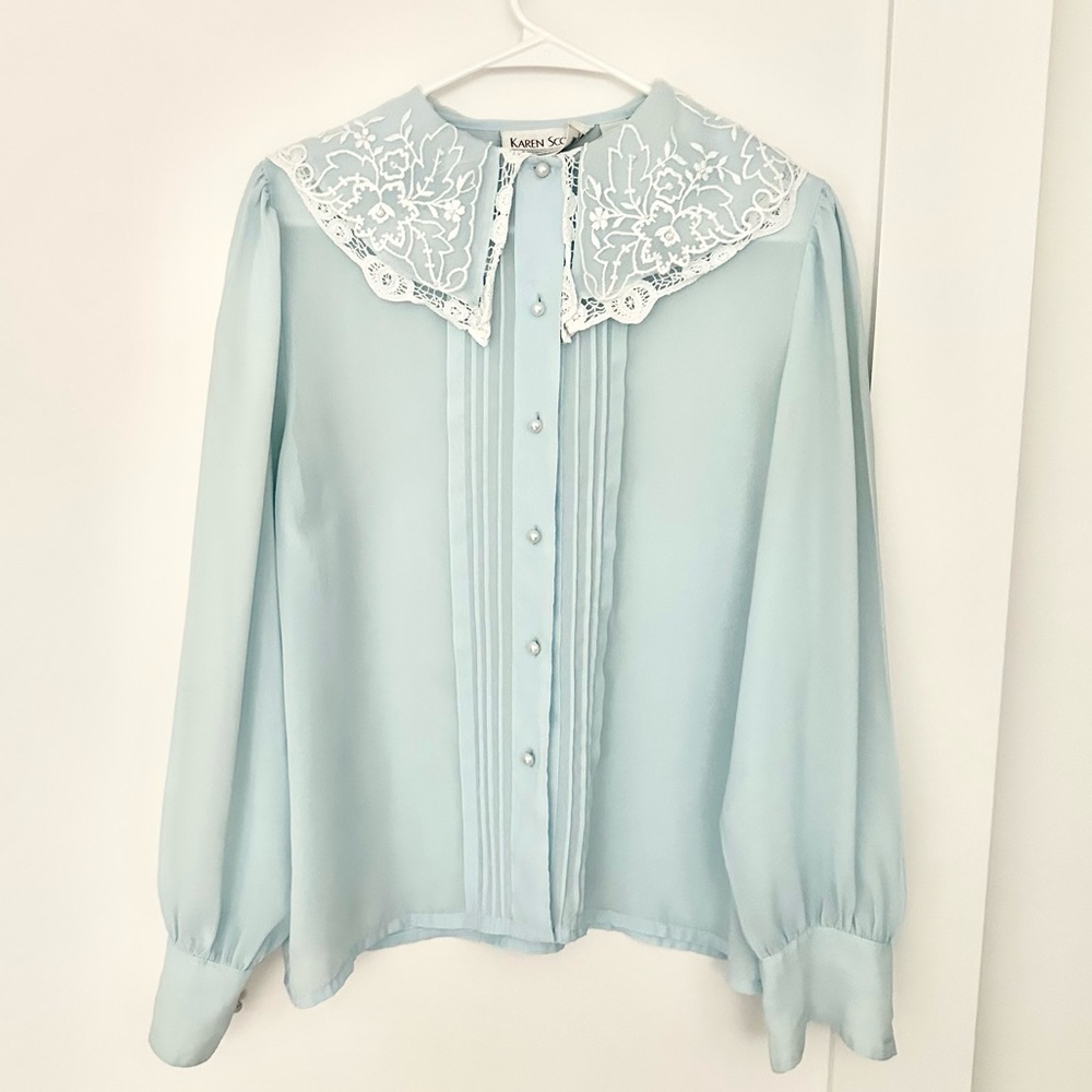 Vintage Karen Scott baby blue lace blouse